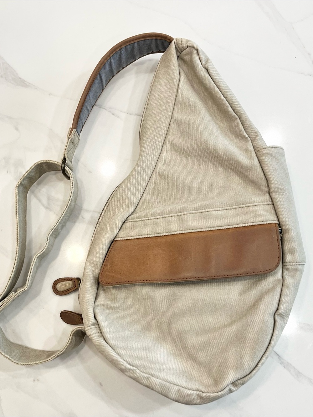 L.L. Bean Beige Canvas Sling Bag with Brown Leather Trim